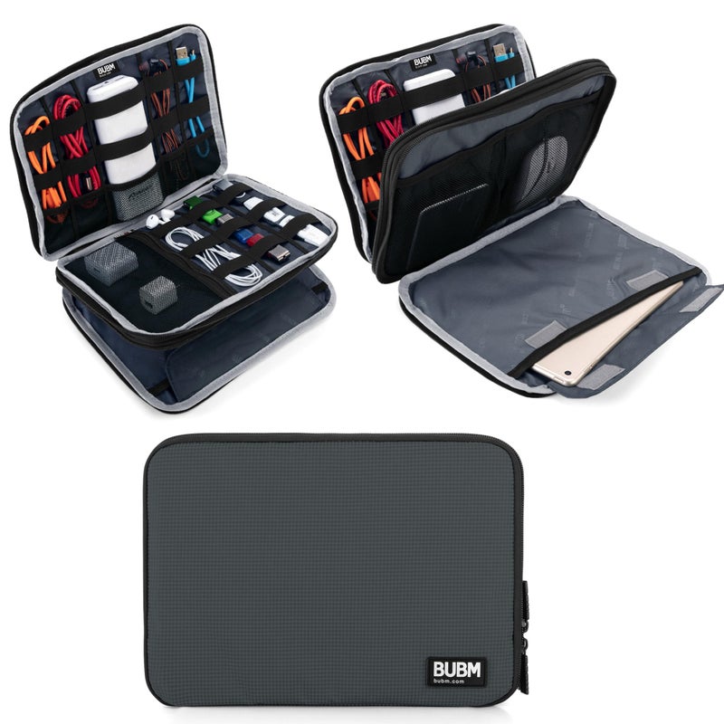 BUBM Double Layer Electronics Organizer, Travel Gadget Bag for Cables, Memory Cards, Flash Hard Drive and More, Fit for iPad or Tablet(up To 9.7")--Large, Gray - Image 1